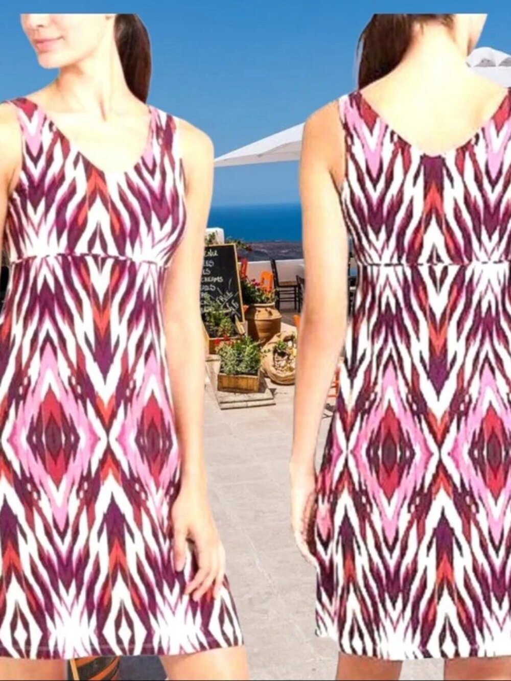 Athleta M Pink Ikat Print V-Neck Sleeveless Santorini Tank Dress Active Tennis